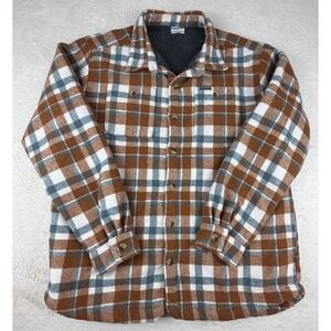 Columbia Shirt Jacket Mens Large Brown/orange Plaid Sherpa Fleece Lined Shacket